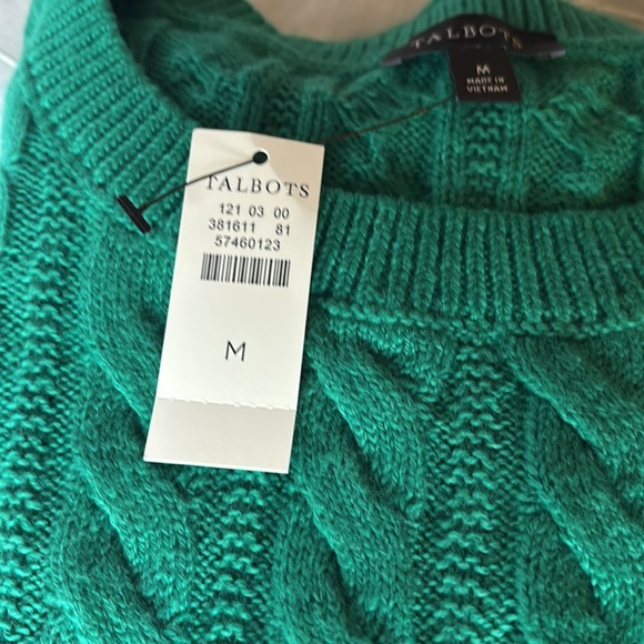 Talbots Soft Cable Crewneck Sweaters. Verdant Green/ Grey Sky Heather Metallic - Picture 2 of 13